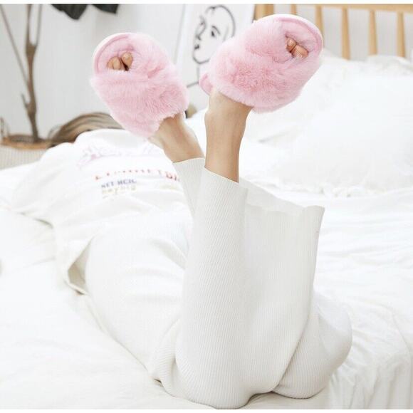 Fuzzy‎ Cross Band Fluffy Open Toe House Slippers Size 10-11.5 - Picture 7 of 8